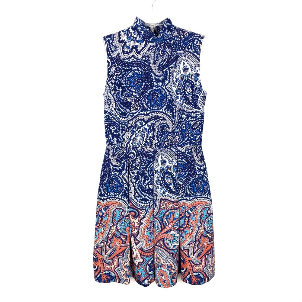 Tahari | Navy & Orange Mock Neck Sleeveless Dress